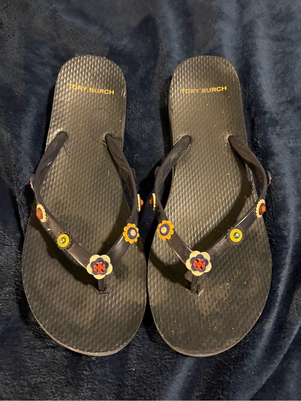 Tory Burch Black Flip Flops with Multicolor Floral Charms